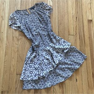 Warehouse Flutter Mini Dress layered skirt flounce XS 0 2 floral beige nude tan